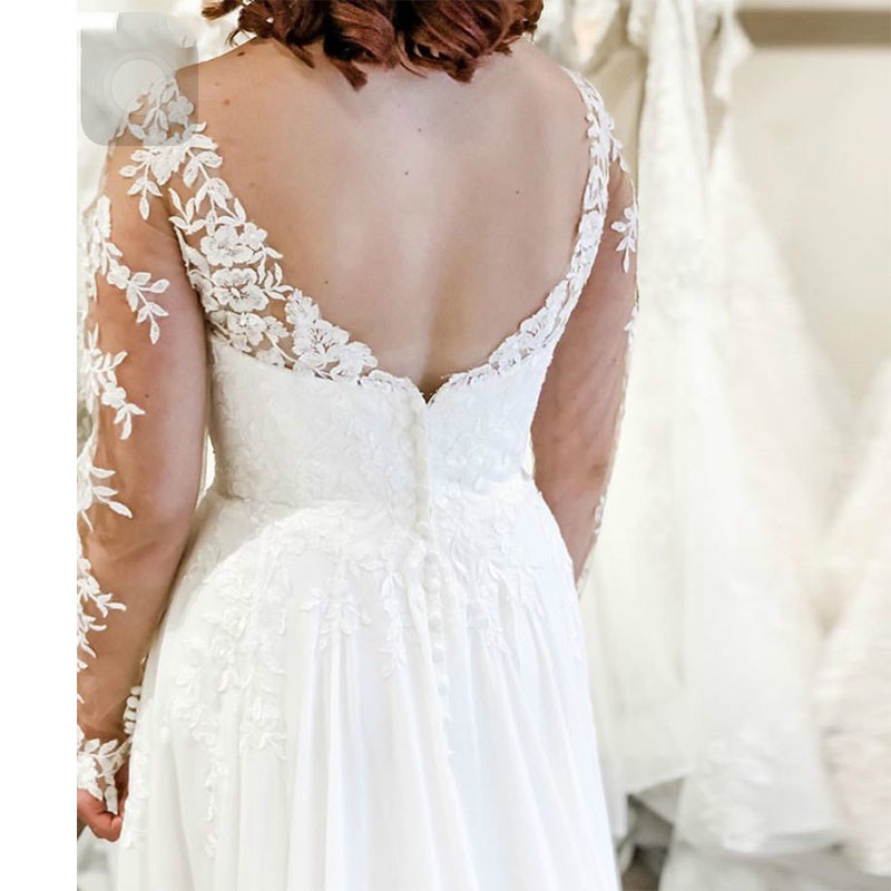 Dresses Backless Long Sleeves V-neck Chiffon Bridal Dress Lace White Ivory Wedding Gowns
