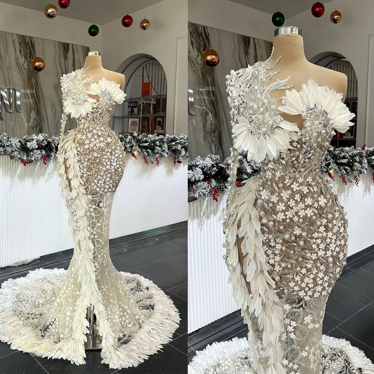 Mermaid One Shoulder Wedding Dresses Feather Pearls Lace Applique Vestido De Noiva Custom Made Bridal Dress