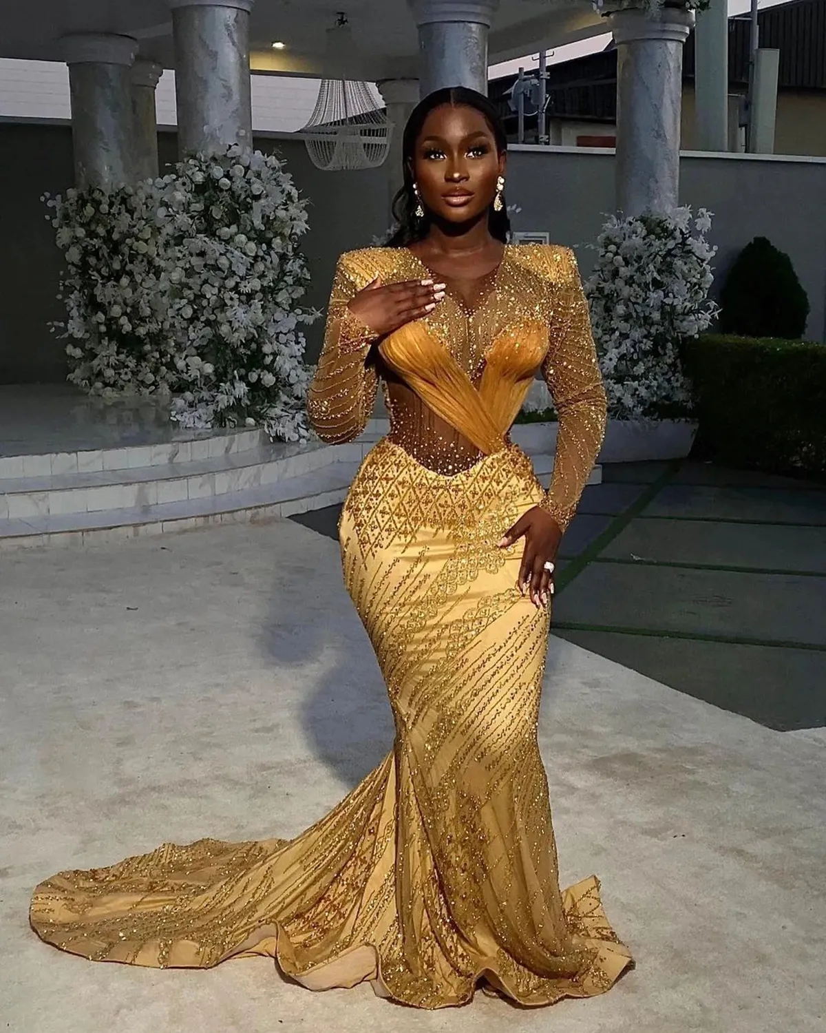 Elegant Gold Sequins Mermaid Prom Dresses 2023 Jewel Long Sleeves Beaded Applicant Ruffle Zipper Chapel Gown Custom Made Plus Size Evening Dress Robes