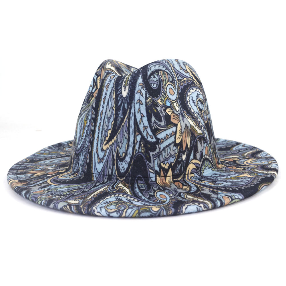 Cashew Flower Digital Printing Jazz Fedora Hats Wide Brim Top Hats for Women Luxury Designer Brand Fascinator Felt Panama Cap
