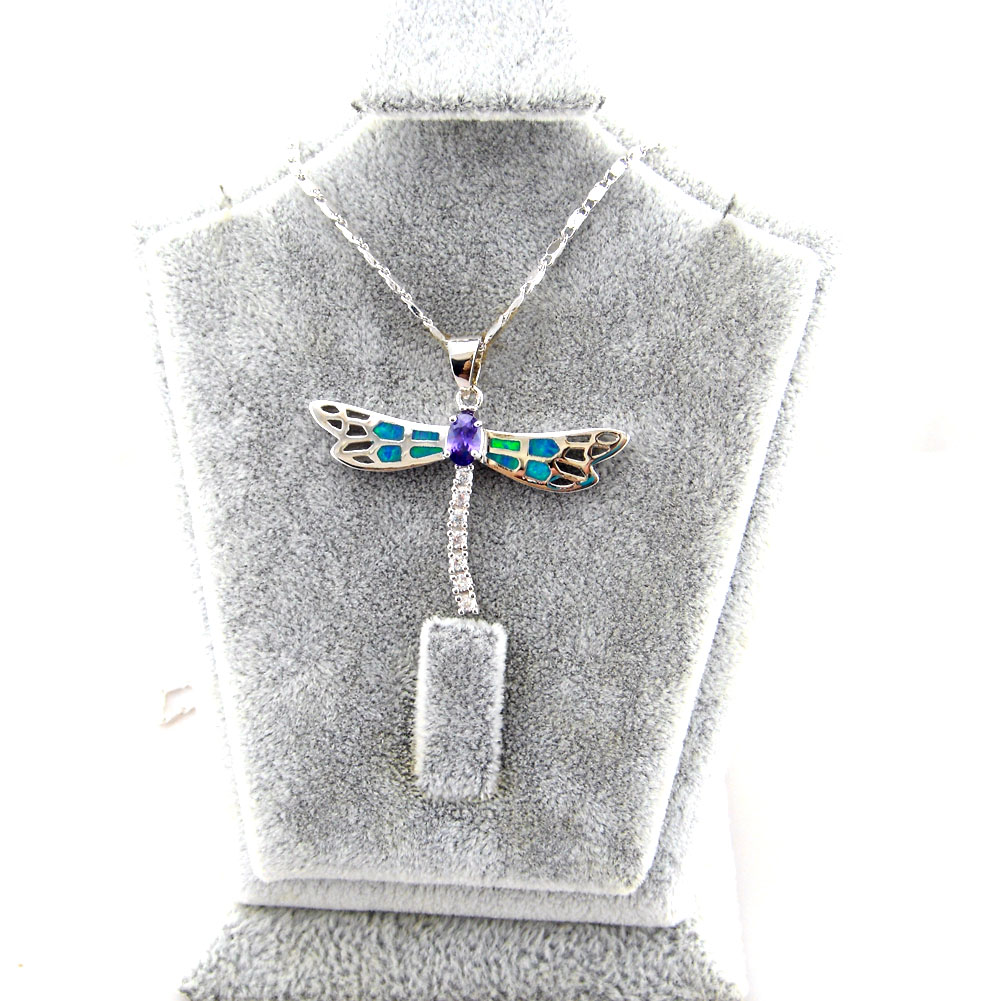 New blue opal jewelry with cz stone;mexican opal pendant Dragonfly necklace