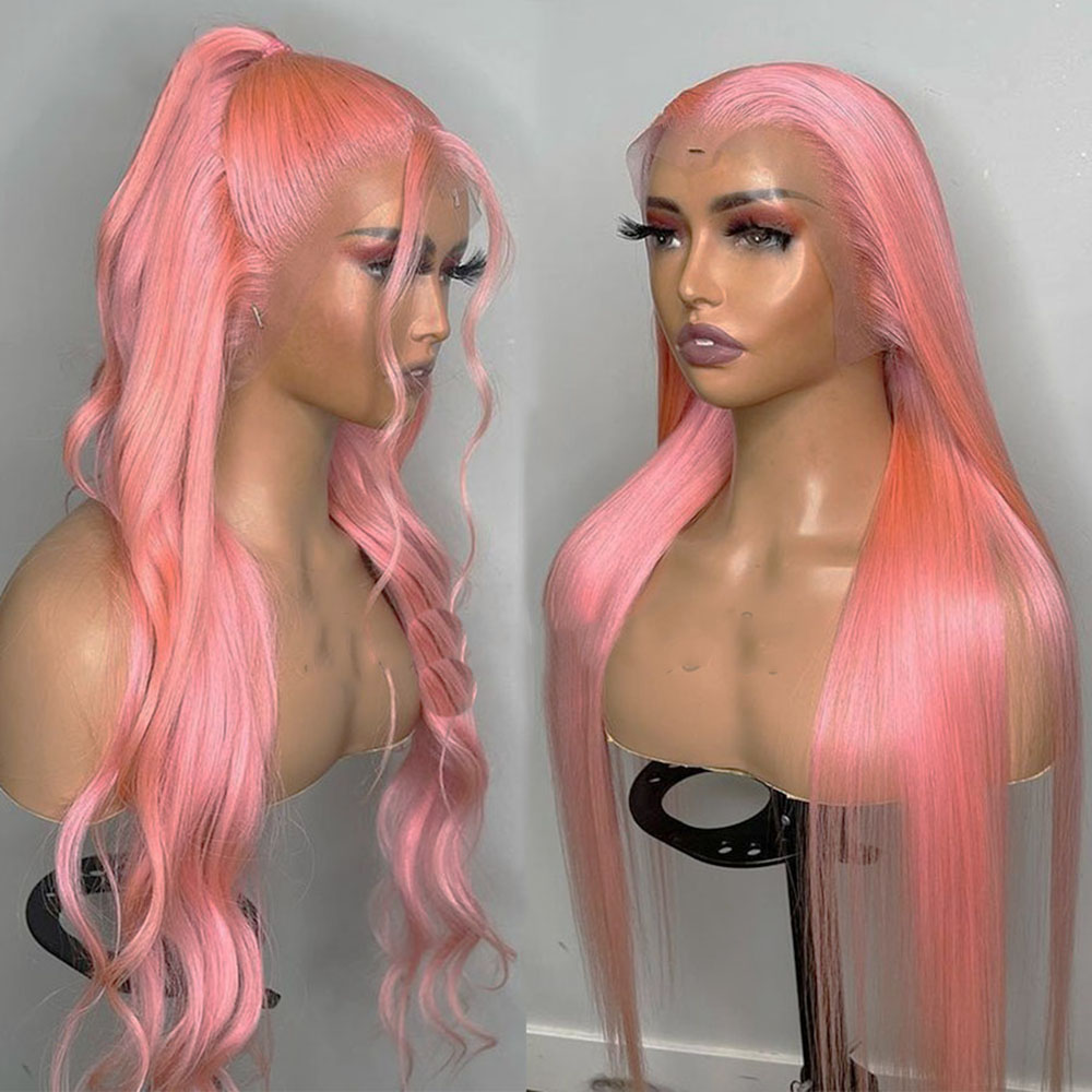 Pink Colored 13x4 HD Lace Frontal Wigs Brazilian Straight Human Hair Wigs For Women Synthetic Bleached Knots Pre Plucked