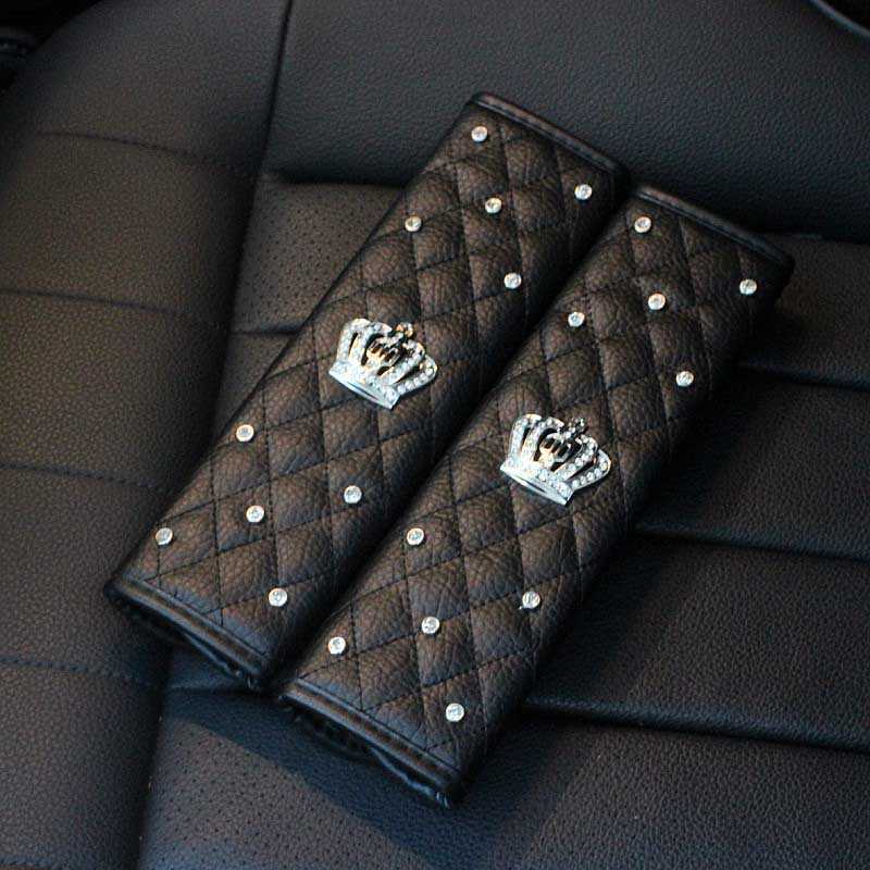 Safety Belts Accessories 2pcs Fashion Rhinestone Leather Car Sefety Seat Belt Cover Crystal Crown Universal Shoulder Pad Car Styling Interior Accessor