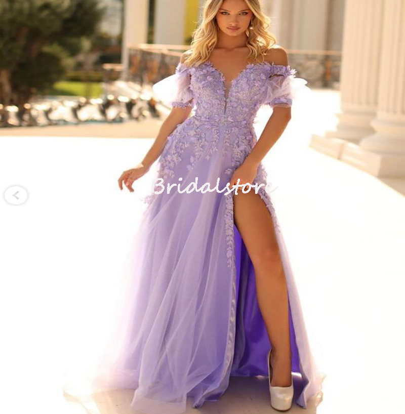 Beautiful Lilac Prom Dresses With Florals Sexy High Slit A Line Evening Dress Short Sleeve Tulle Formal Birthday Party Dress Vestidos De Fiesta Gradua