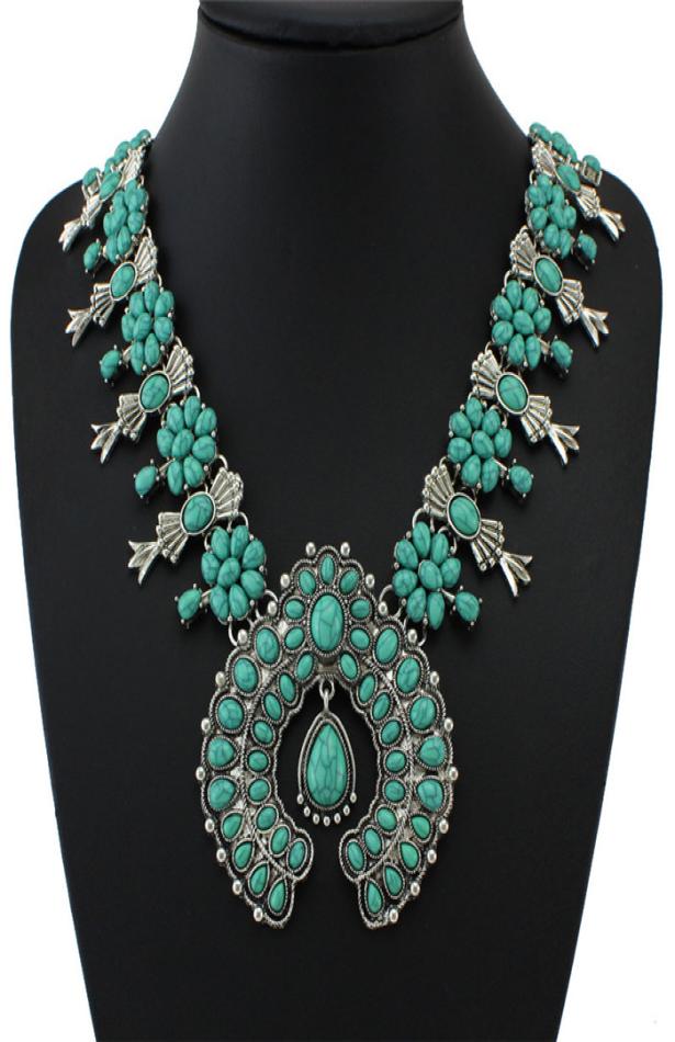 Classic vintage turquoise Flower Necklaces women Statement Pendant Necklace Latest bohemian Squash Blossom clavicle chain Xmas gif