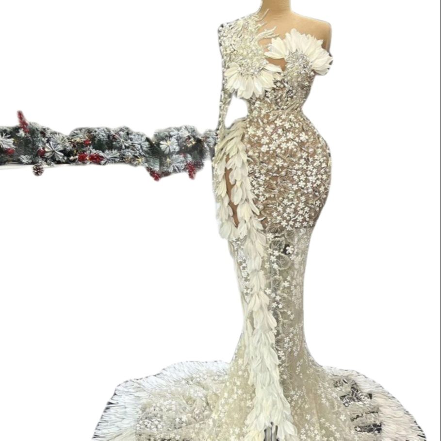 Mermaid One Shoulder Wedding Dresses Feather Pearls Lace Applique Vestido De Noiva Custom Made Bridal Dress
