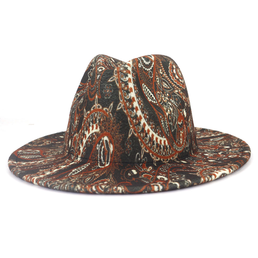 Cashew Flower Digital Printing Jazz Fedora Hats Wide Brim Top Hats for Women Luxury Designer Brand Fascinator Felt Panama Cap