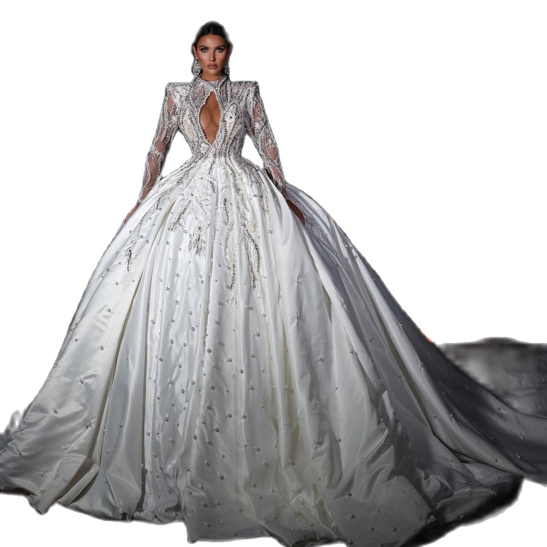 urious Princess Ball Gown Wedding Dresses High Neck Full Sleeve Pearls Beading Lace Vestido De Noiva Custom Made Bridal Dress