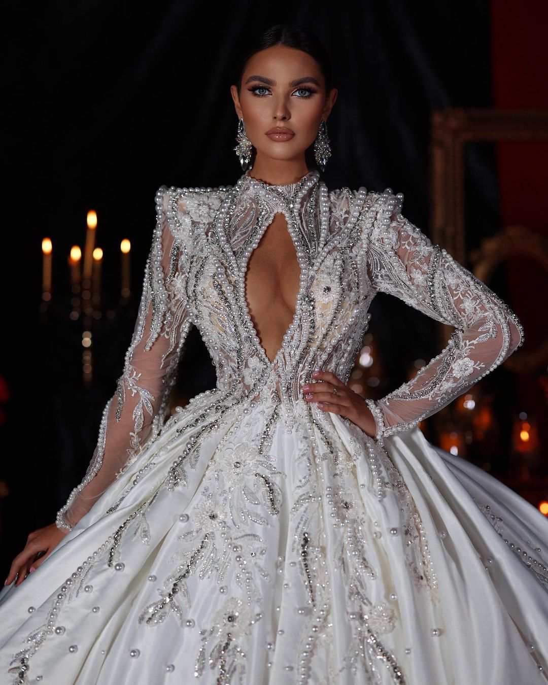 urious Princess Ball Gown Wedding Dresses High Neck Full Sleeve Pearls Beading Lace Vestido De Noiva Custom Made Bridal Dress