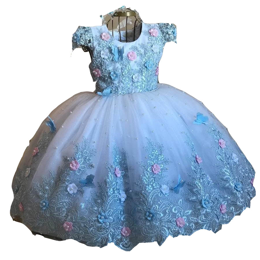 Princess Pearls Flower Girl Dresses For Wedding Ball Gown Lace Appliqued Backless Pageant Gowns Floor Length Tulle First Communion Dress Light Blue