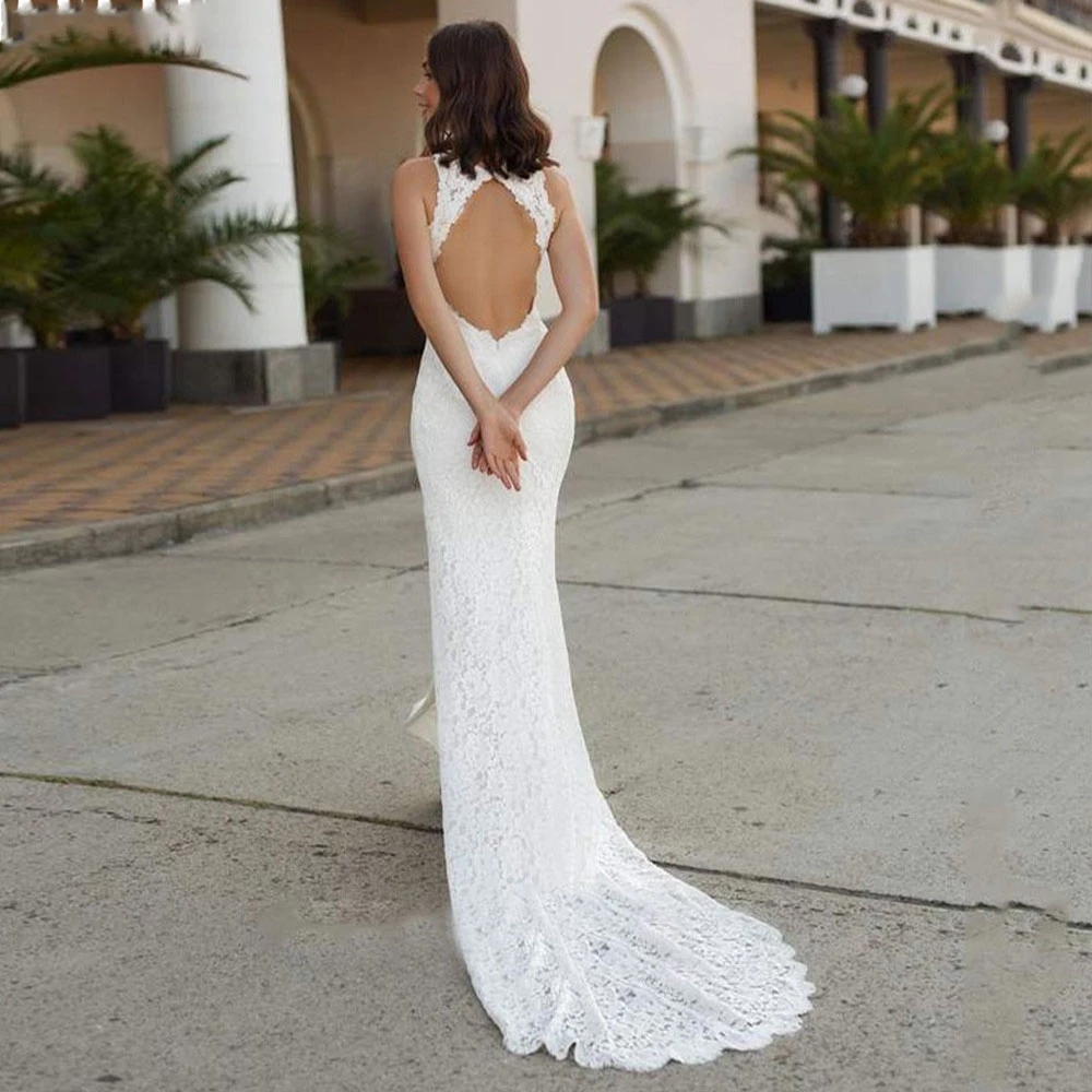 Elegant Full Lace Applique Halter Mermaid Wedding Dress 2022 Custom Sexy Front Slit Backless Bridal Dress