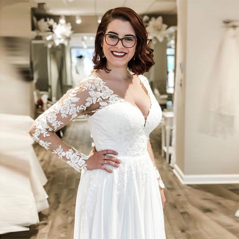 Dresses Backless Long Sleeves V-neck Chiffon Bridal Dress Lace White Ivory Wedding Gowns