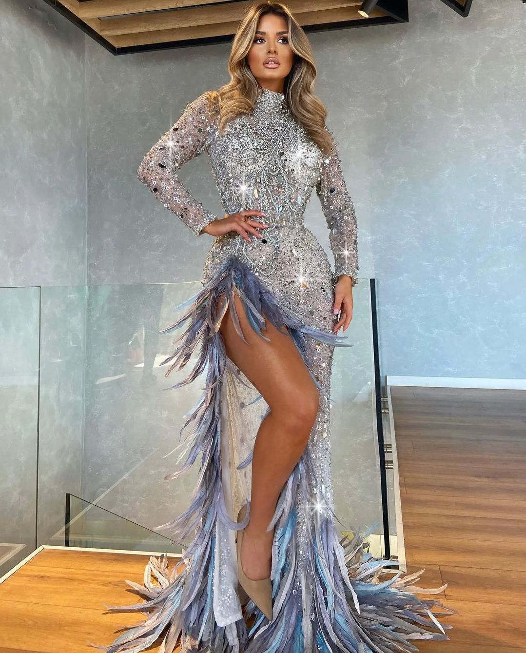 Evening Sparkly Dresses High Neck Long Sleeves Lace Beaded Dias Or Length Sequins Appliques Feather Side Slit Prom Dress Formal Plus Size Tailored Lz0