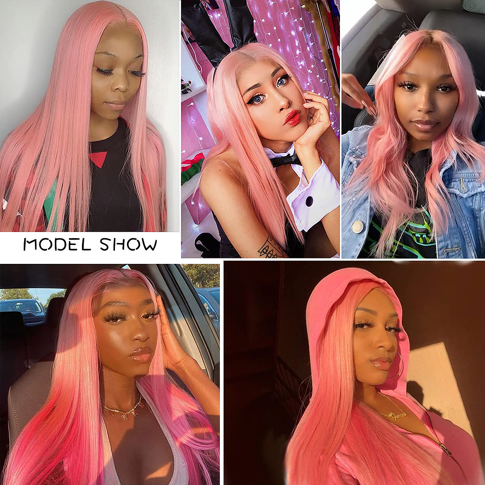 Pink Colored 13x4 HD Lace Frontal Wigs Brazilian Straight Human Hair Wigs For Women Synthetic Bleached Knots Pre Plucked
