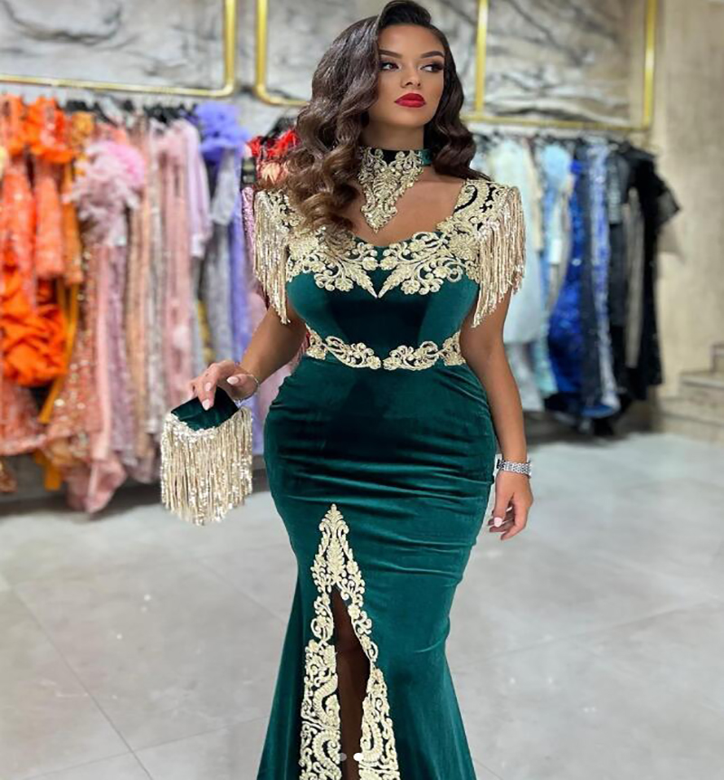 Elegant Green Algeria Kaftan Prom Dresses 2023 Velvet Cap Sleeve Mermaid Turish Evening Dress Morrocan Dubai Sexy Slit Party Noite Robes De Soiree Ves