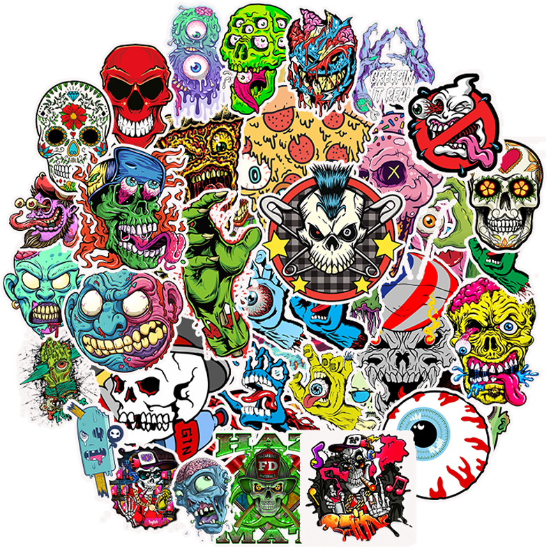 50pcs Waterproof Laptop Skull Horrible Stickers Graffiti Patches Decals for Car Bike Motorcycle Bicycle Luggage Skateboard Guitar Helmet DIY Sticker