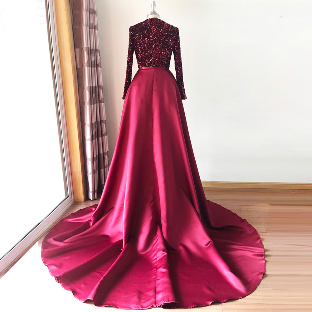 Elegant Glitter Sequined Mother Of The Bride Dresses Long Sleeves Burgundy Wedding Party Gowns Groom Mom Formal Evening Gowns Muslim Prom Outfit 2023