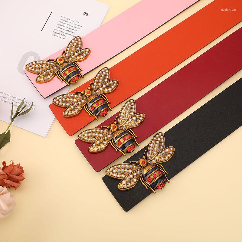 Belts Leather Wide Belt For Women Bee Pearl Buckle Jeans Black Red Pink Ladies Designer Strap Female Waistband
