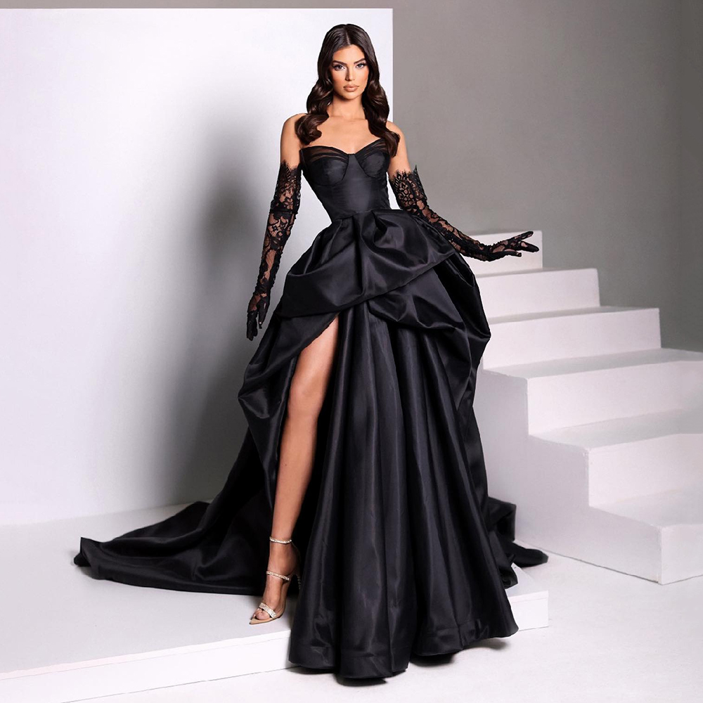 Sexy Black Sweetheart Prom Dresses Corset A E Satin High Low Asymmetrical Evening Gowns Sleeveless Side Slit Modern Special Ocn Dress Custom Made 1106