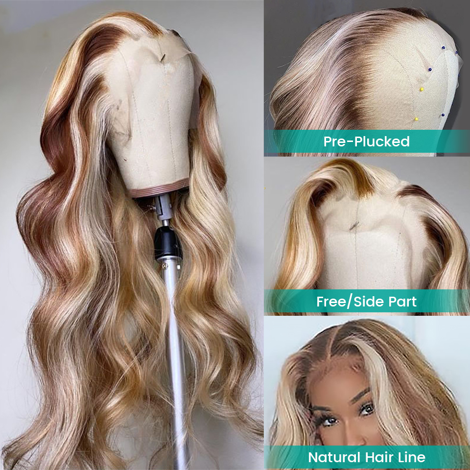 30 inch Brazilian Human Hair Highlight Wig 180% 13x4 Body Wave Lace Frontal Wig For Women Synthetic