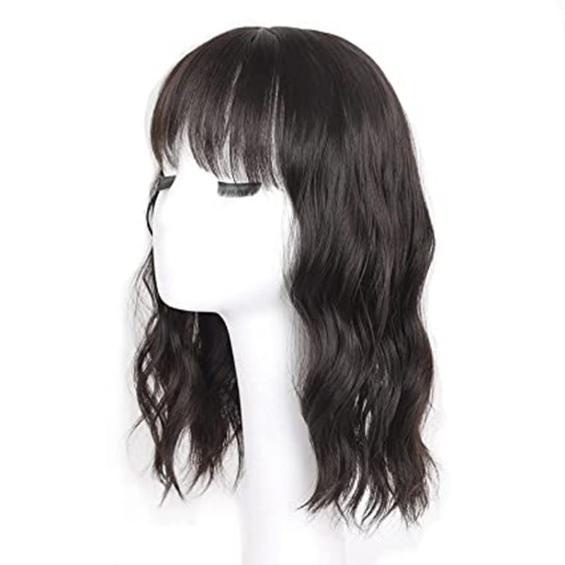 Loose Water Wavy Hairpiece Clip in Fluffy Topper With Choppy Bangs human Hair Toupee for Women Girls 15x16cm