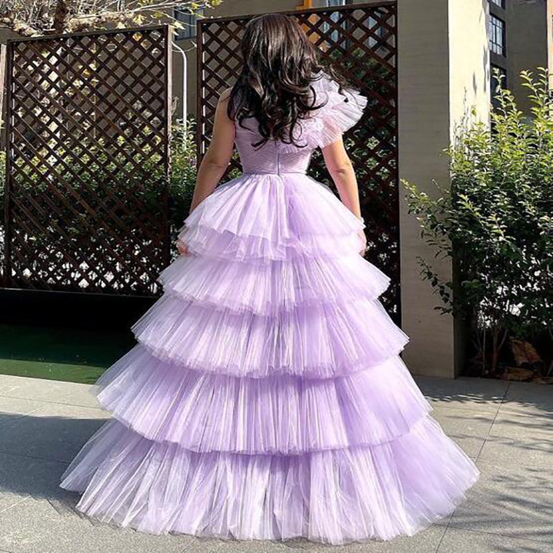Fashion Lilac Cake Ruffles Prom Dresses 2023 A LineV Neck Long Evening Dress Elegant Women Chic Formal Occasion Party Gowns Vestidos De Fiesta Graduat