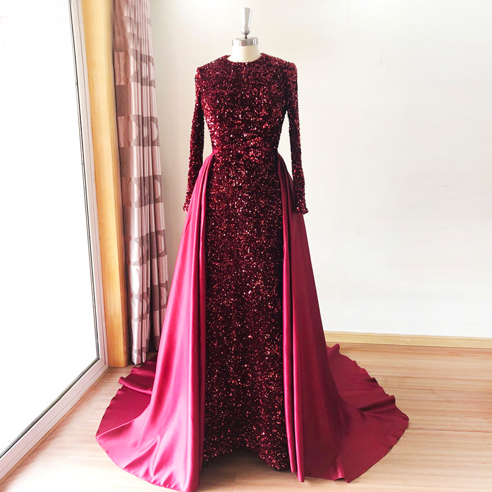 Elegant Glitter Sequined Mother Of The Bride Dresses Long Sleeves Burgundy Wedding Party Gowns Groom Mom Formal Evening Gowns Muslim Prom Outfit 2023