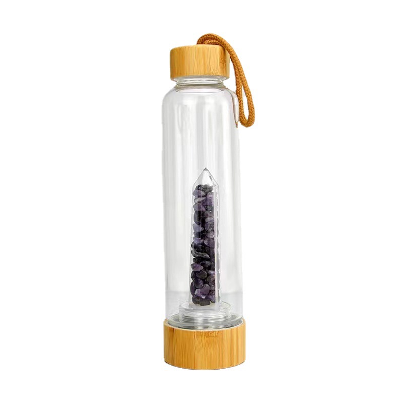 Natural crystal crushed stone energy glass water bottle healing quartz bottles Bamboo covered with rope health cup