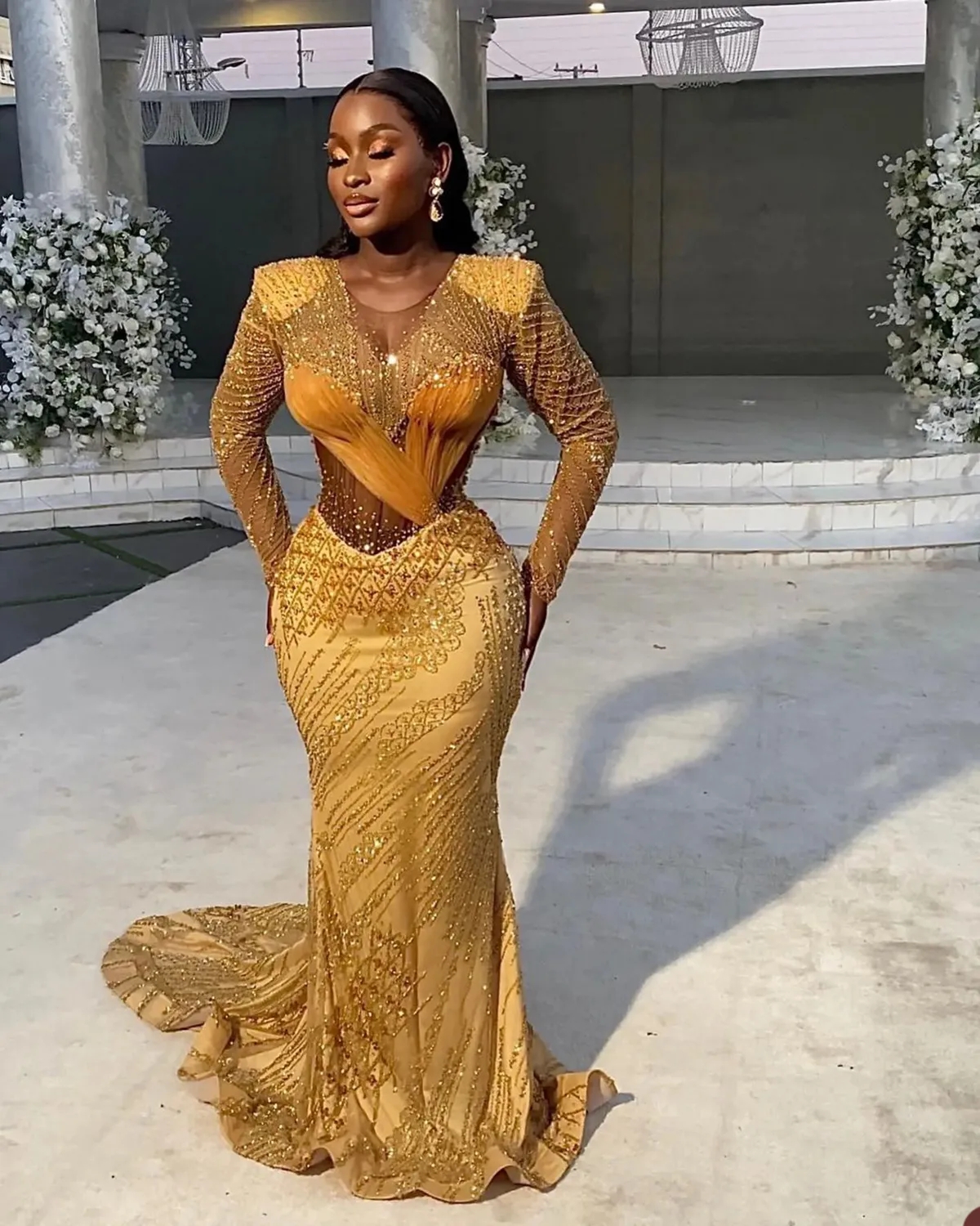 Elegant Gold Sequins Mermaid Prom Dresses 2023 Jewel Long Sleeves Beaded Applicant Ruffle Zipper Chapel Gown Custom Made Plus Size Evening Dress Robes