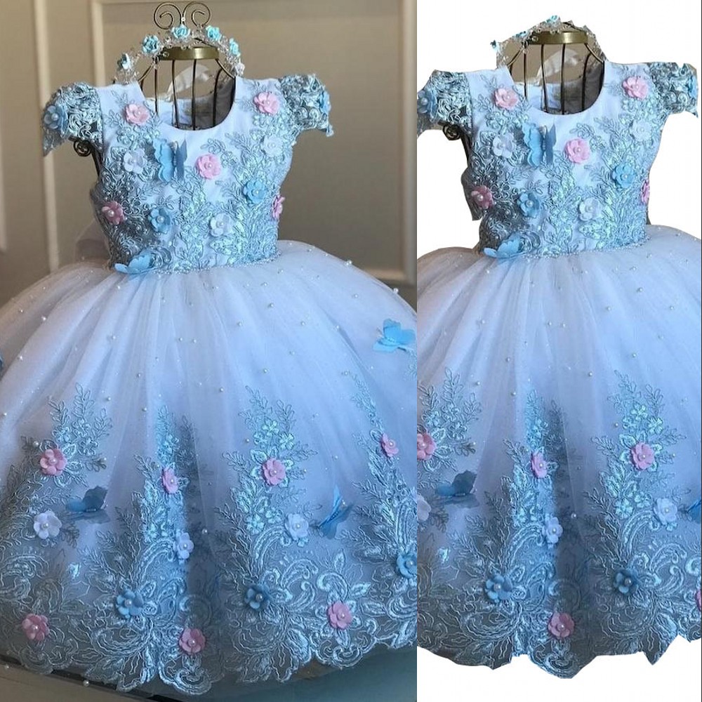 Princess Pearls Flower Girl Dresses For Wedding Ball Gown Lace Appliqued Backless Pageant Gowns Floor Length Tulle First Communion Dress Light Blue