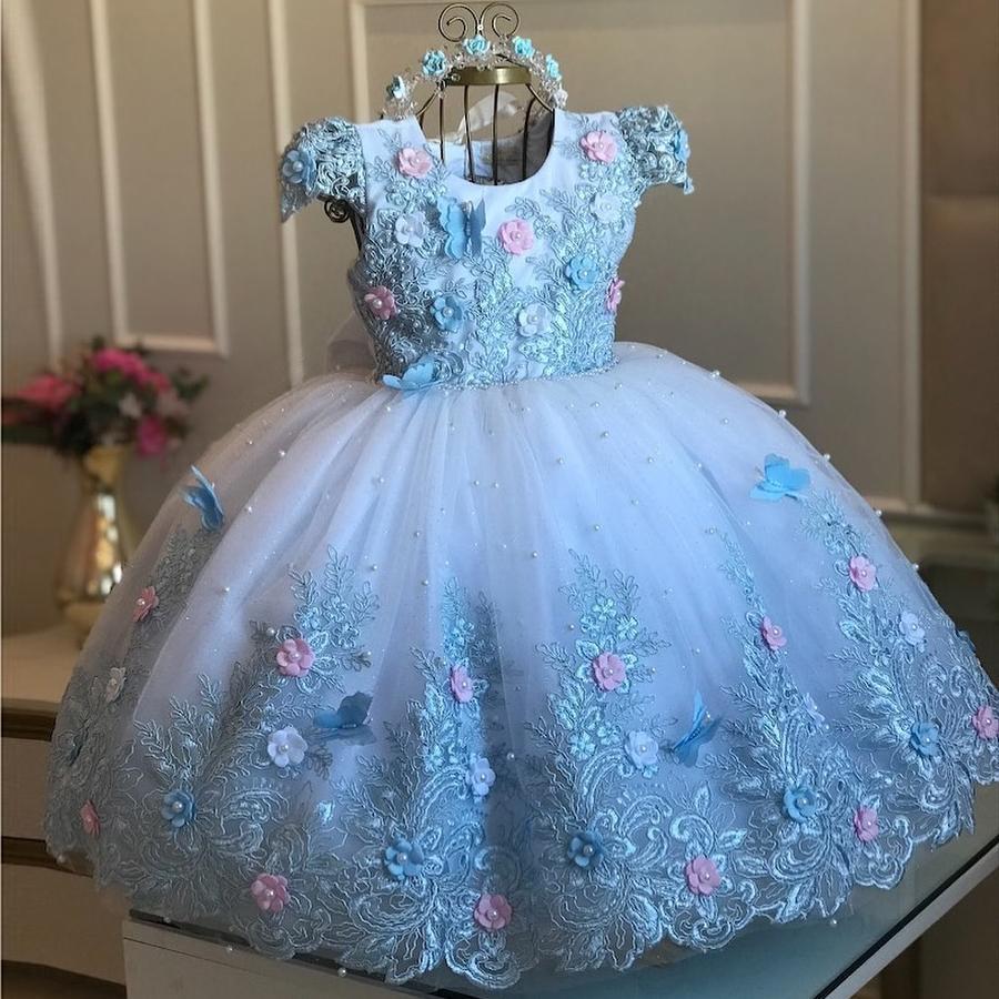 Princess Pearls Flower Girl Dresses For Wedding Ball Gown Lace Appliqued Backless Pageant Gowns Floor Length Tulle First Communion Dress Light Blue