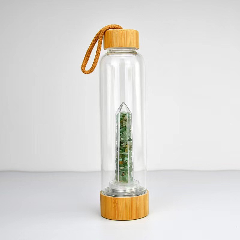 Natural crystal crushed stone energy glass water bottle healing quartz bottles Bamboo covered with rope health cup