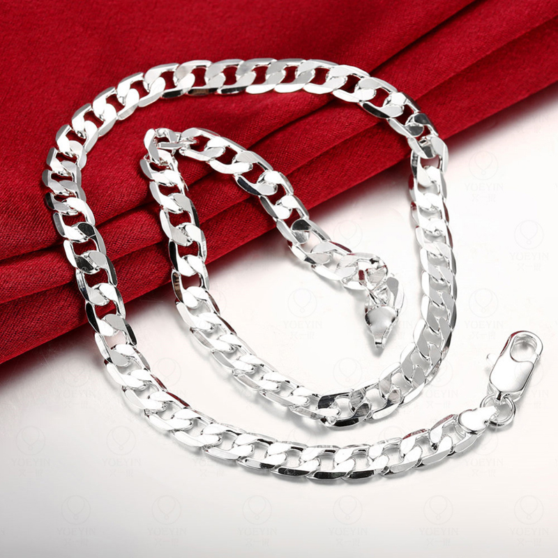 8MM 10PCS 16"-30" Genuine Solid 925 Sterling Silver Fashion Curb Necklace Chain Jewelry with Lobster Clasps