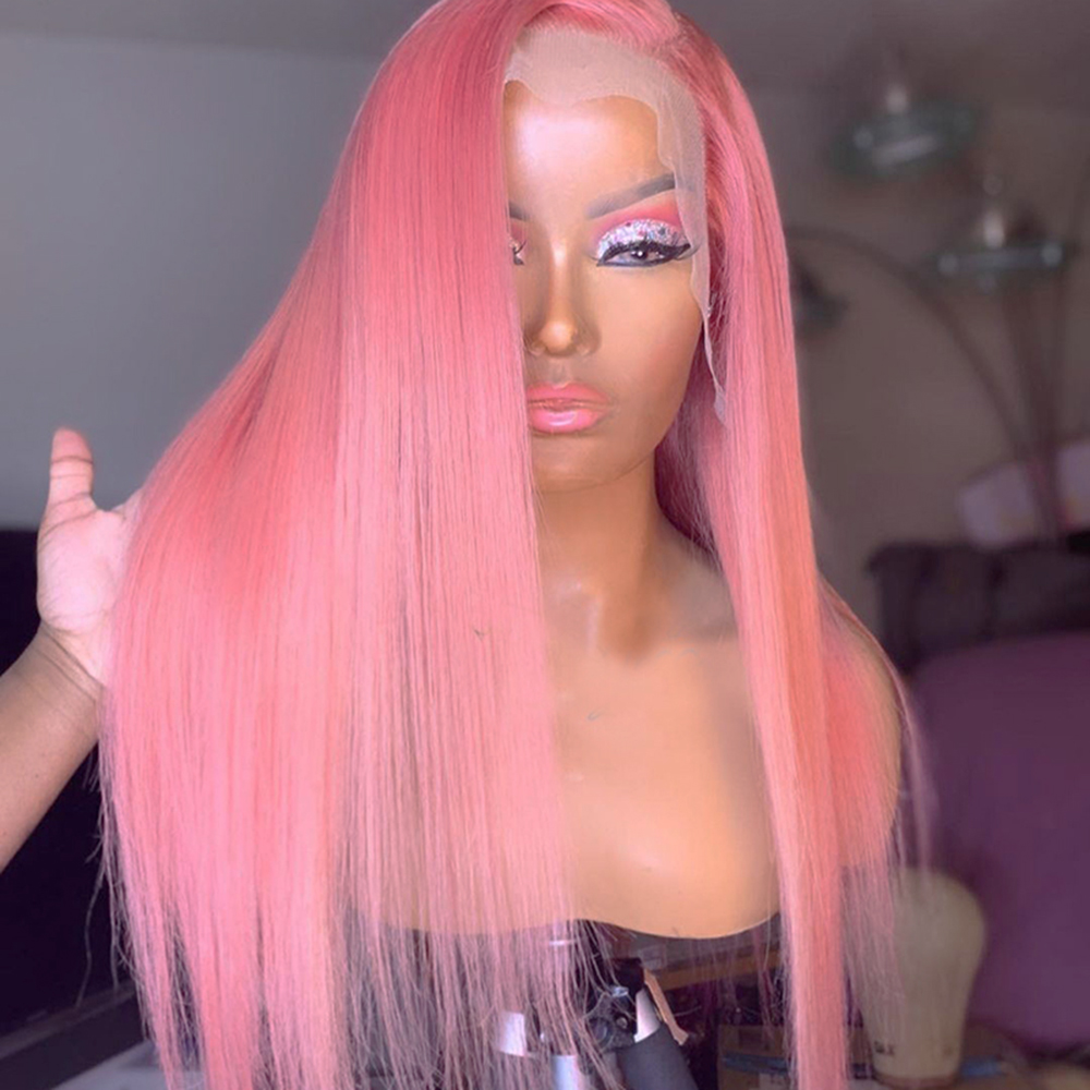 Pink Colored 13x4 HD Lace Frontal Wigs Brazilian Straight Human Hair Wigs For Women Synthetic Bleached Knots Pre Plucked