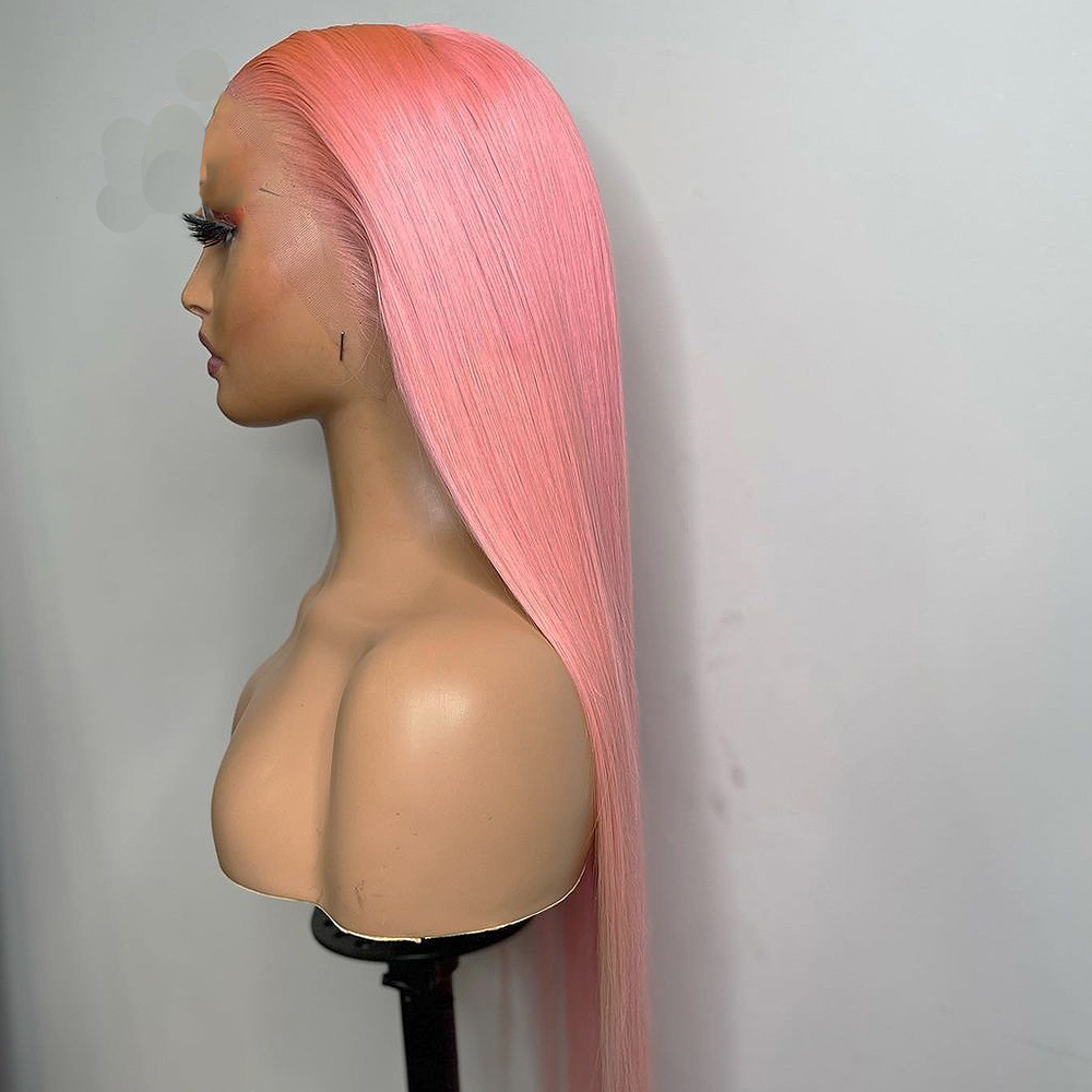 Pink Colored 13x4 HD Lace Frontal Wigs Brazilian Straight Human Hair Wigs For Women Synthetic Bleached Knots Pre Plucked