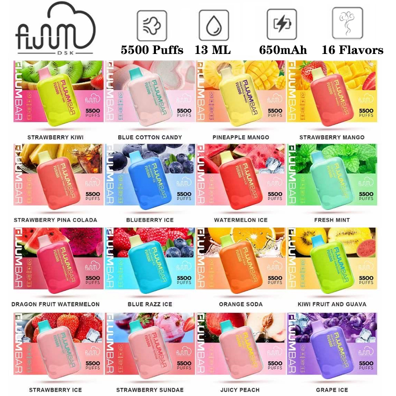 Original Fluum 5500 puffs Disposable Bar vape pen E cigarette Type-C 650mAh rechargerable battery 13ml per-filled pod cartridges Mesh coil 16 flavors
Original Fluum 5500 puffs Disposable Bar vape pen E cigarette Type-C 650mAh rechargerable battery 13ml per-filled pod cartridges Mesh coil 16 flavors