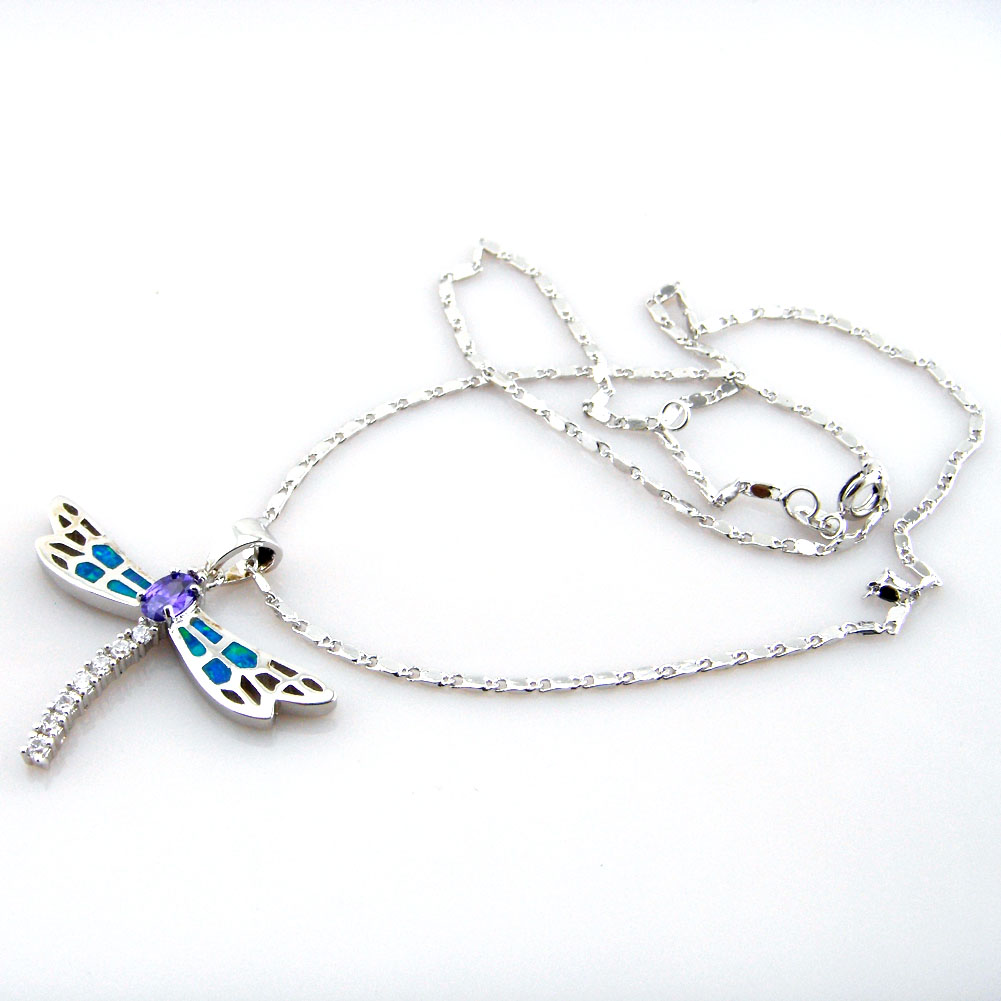 New blue opal jewelry with cz stone;mexican opal pendant Dragonfly necklace
