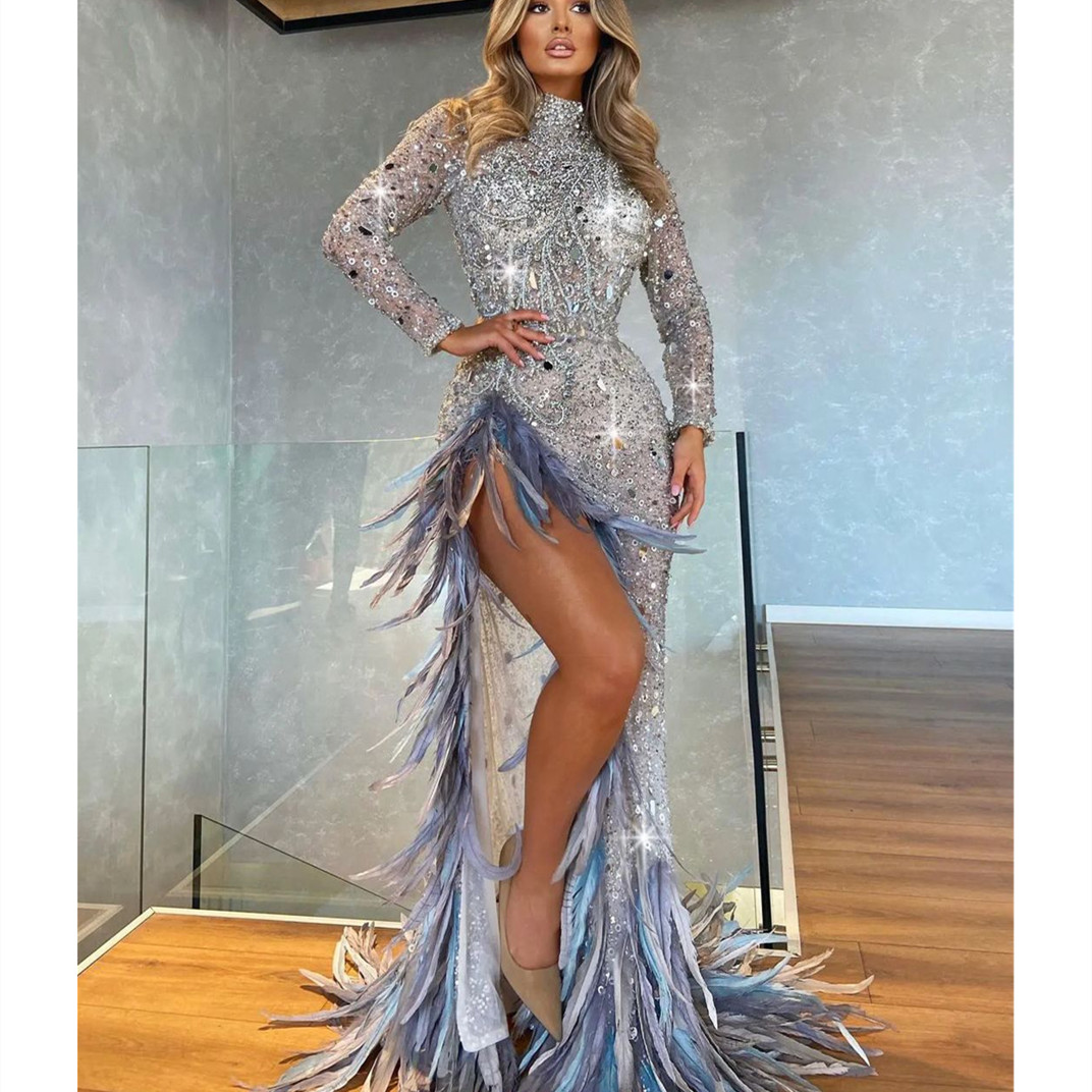 Evening Sparkly Dresses High Neck Long Sleeves Lace Beaded Dias Or Length Sequins Appliques Feather Side Slit Prom Dress Formal Plus Size Tailored Lz0