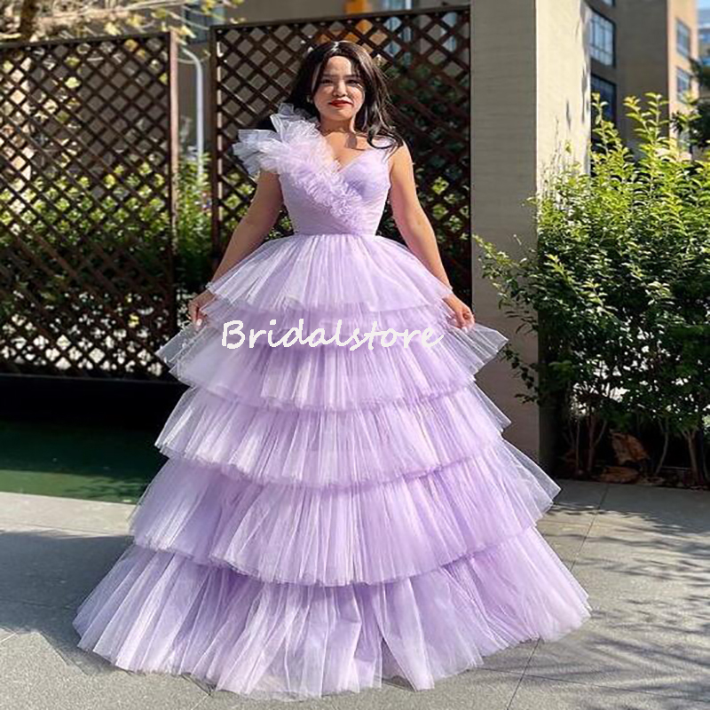 Fashion Lilac Cake Ruffles Prom Dresses 2023 A LineV Neck Long Evening Dress Elegant Women Chic Formal Occasion Party Gowns Vestidos De Fiesta Graduat