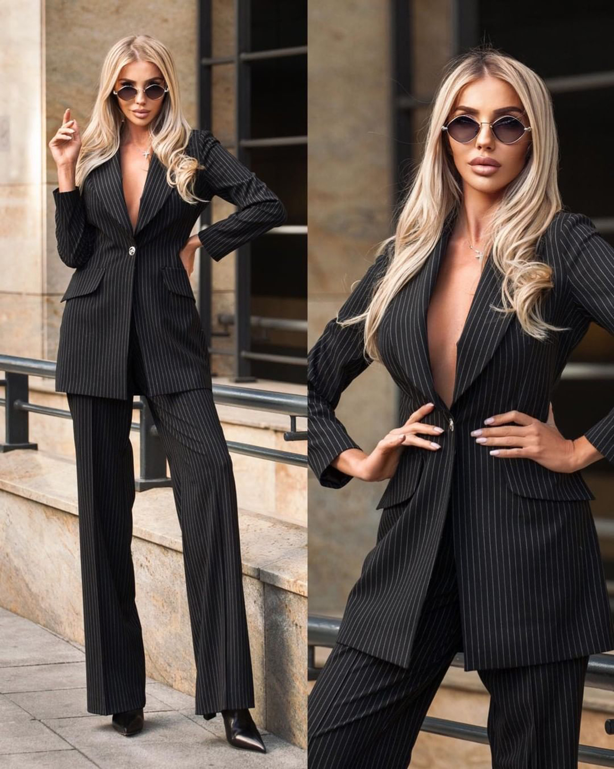 Formal Office Lady Pants Suits Slim Fit Black Srtipes Trousers Sets High Streetwear Work Business Wear 2 Pieces