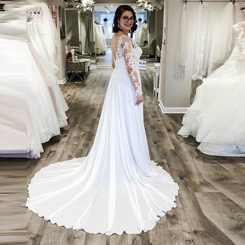 Dresses Backless Long Sleeves V-neck Chiffon Bridal Dress Lace White Ivory Wedding Gowns