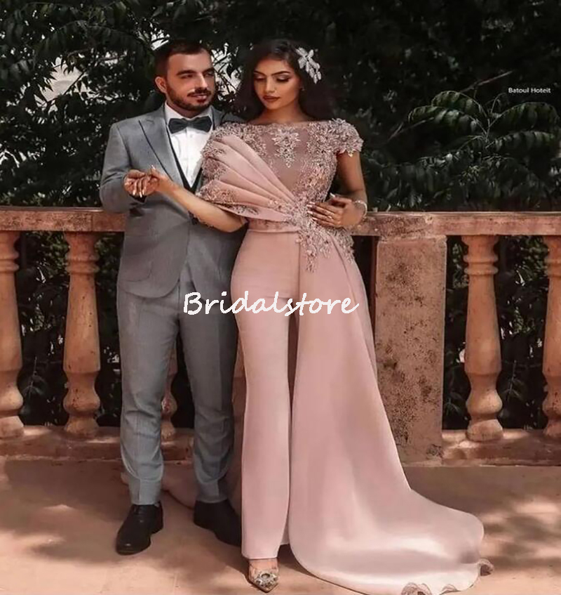 Arabic Jumpsuit Pant Prom Dresses With Train Short Sleeves Flowers Lace Pink Evening Dress 2023 Turkey Formal Party Engagement Women Robes De Soiree V