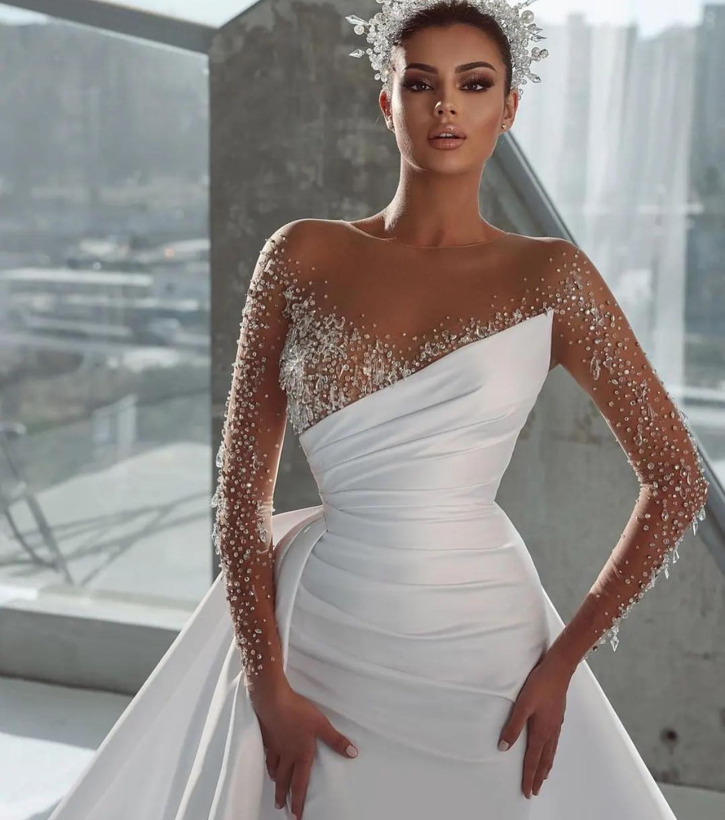 Gorgeous Mermaid Wedding Dresses With Detachable Train Long Sleeve Beaded Crystal Bridal Gowns Custom Made Vestido De Novia