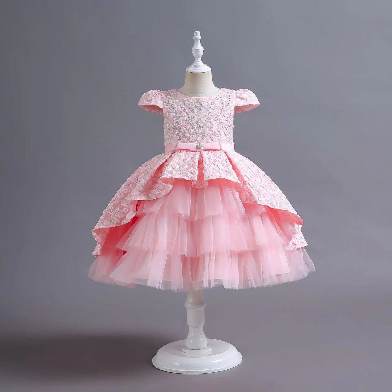 2023 Gold Crystal Flower Girls Dress pink Pageant Dresses Ball Gown Beaded Toddler Infant Clothes Little Kids Birthday Gowns