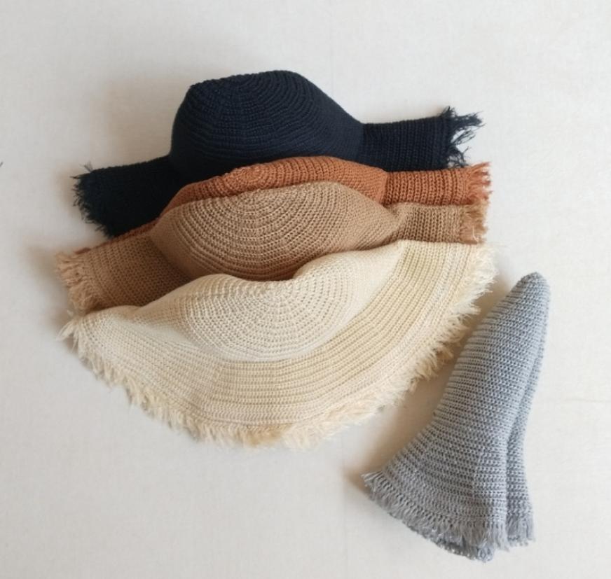Handknitted solid color sun big hat bristle side breathable straw hat ladies summer sunscreen beach hat foldable2865004