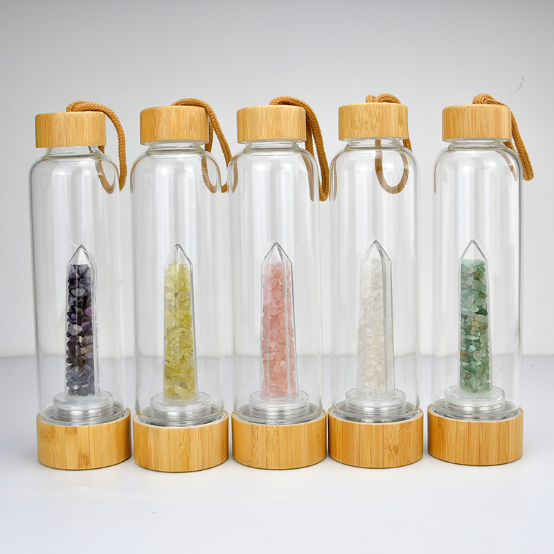 Natural crystal crushed stone energy glass water bottle healing quartz bottles Bamboo covered with rope health cup