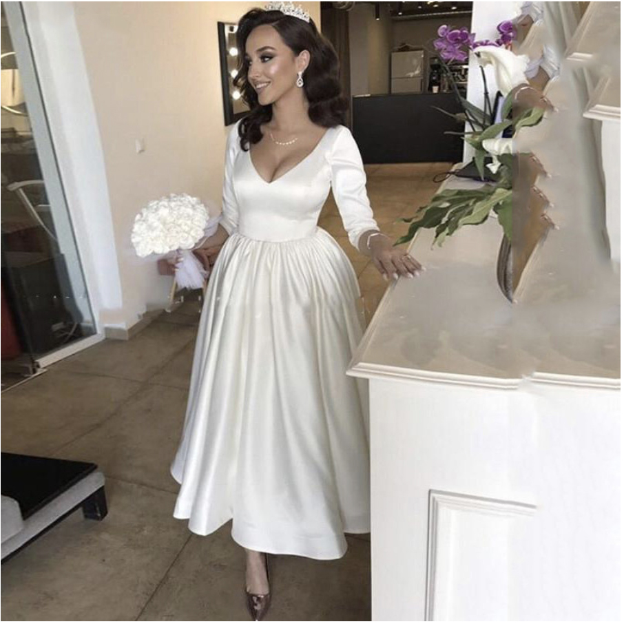 V Neck Short Dress 3/4 Long Sleeve White /Ivory Satin A-e Ankle Length Bride Gowns Backless Beach Wedding Gown