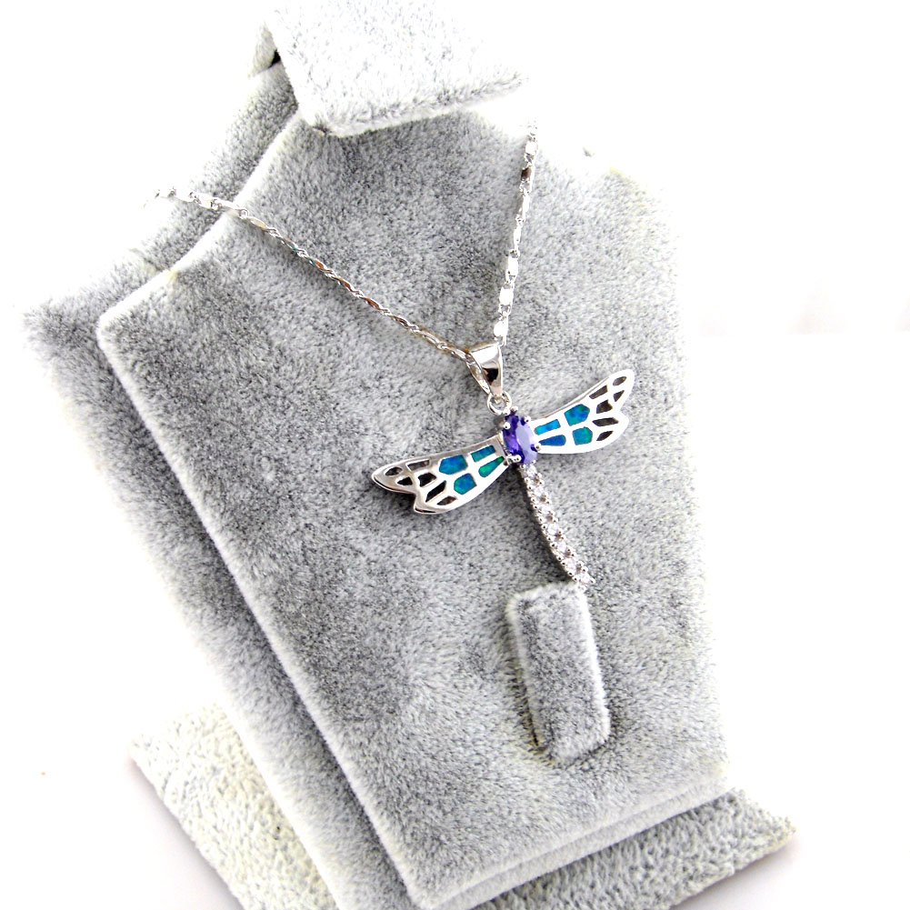 New blue opal jewelry with cz stone;mexican opal pendant Dragonfly necklace