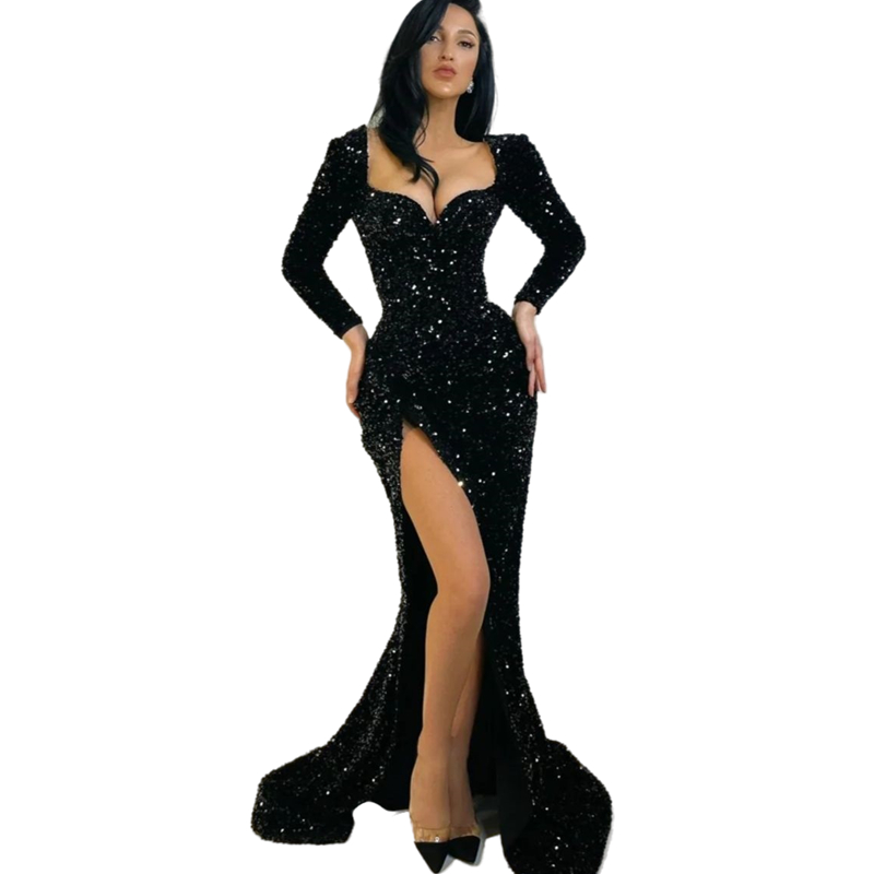 Glitter Black Sequined Mermaid Prom Dresses Long Sleeves Side Split Sexy Formal Evening Gowns Sweetheart Neck Black Girls Special Occasion Wear 2026