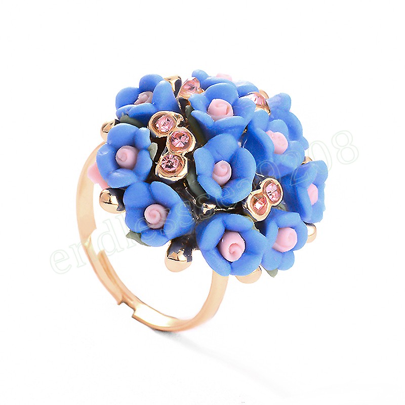 Fashion Ceramic Flower Rings Women Wedding Zircon Gold Color Finger Rings Ladies Elegent Adjustable Ring Party Jewelry Gift
